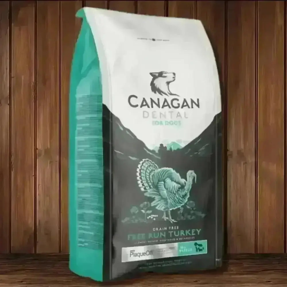 Canagan Dry Dog Food Dental bag with green and white design and free-run turkey illustration