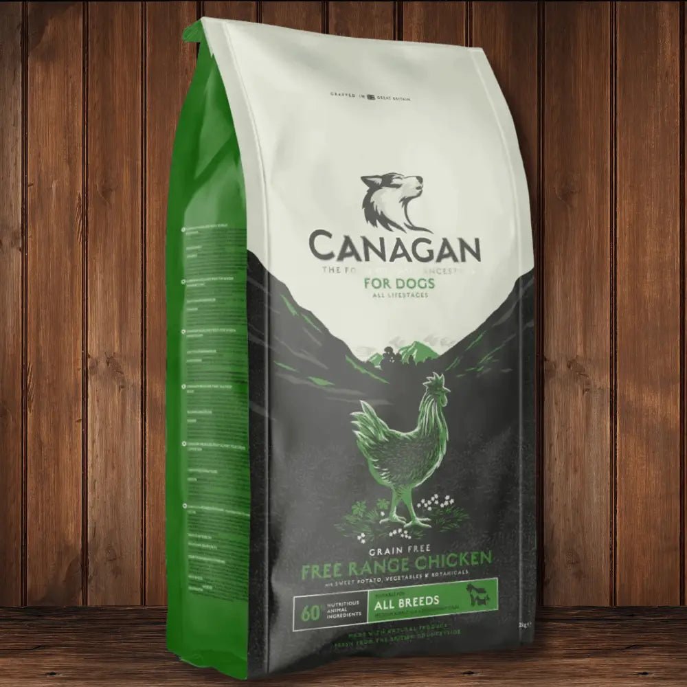 Canagan dry dog food bag with free-range chicken design on white and green packaging