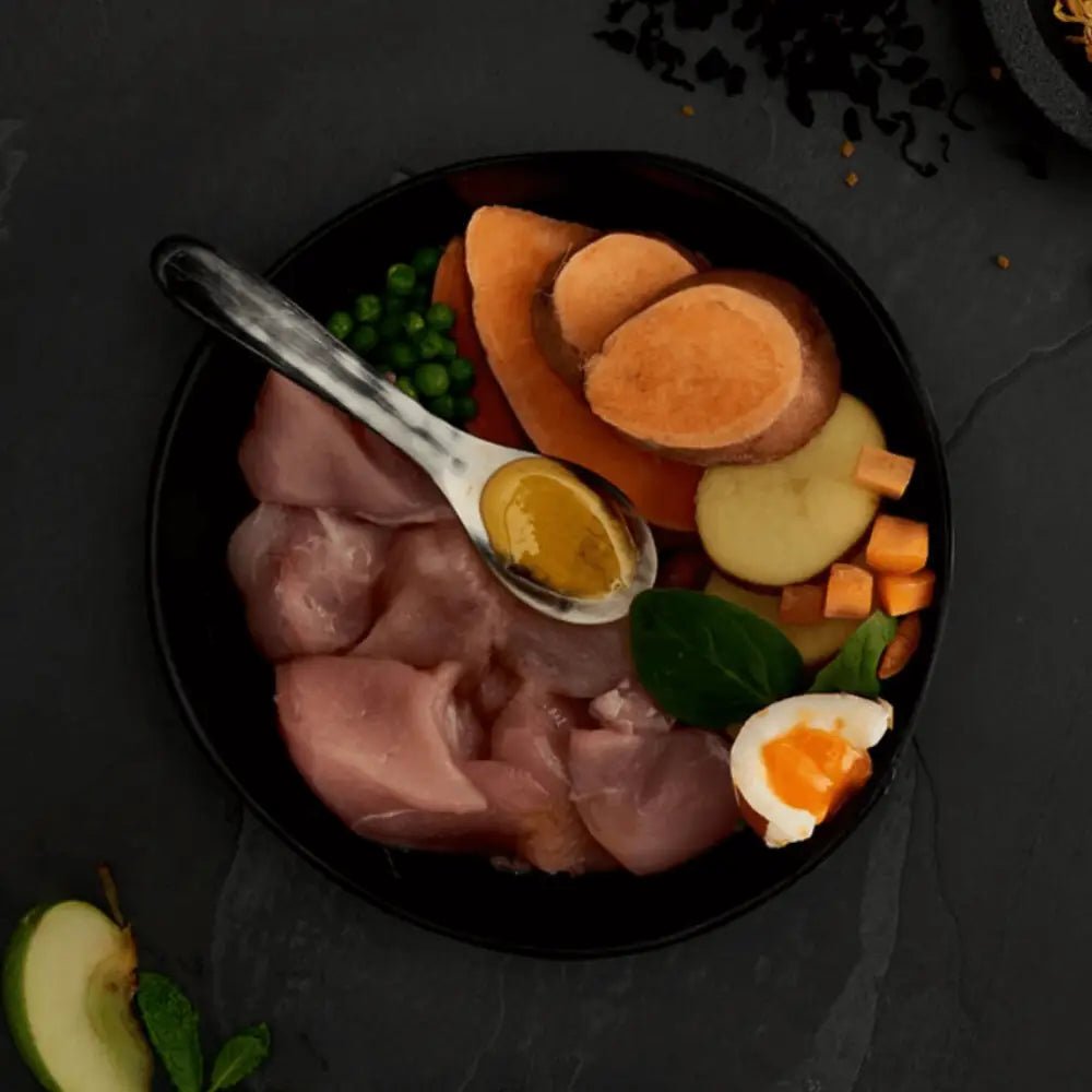 Black bowl with colorful dry dog food and spoon, Canagan Dry Dog Food Free-Range Chicken