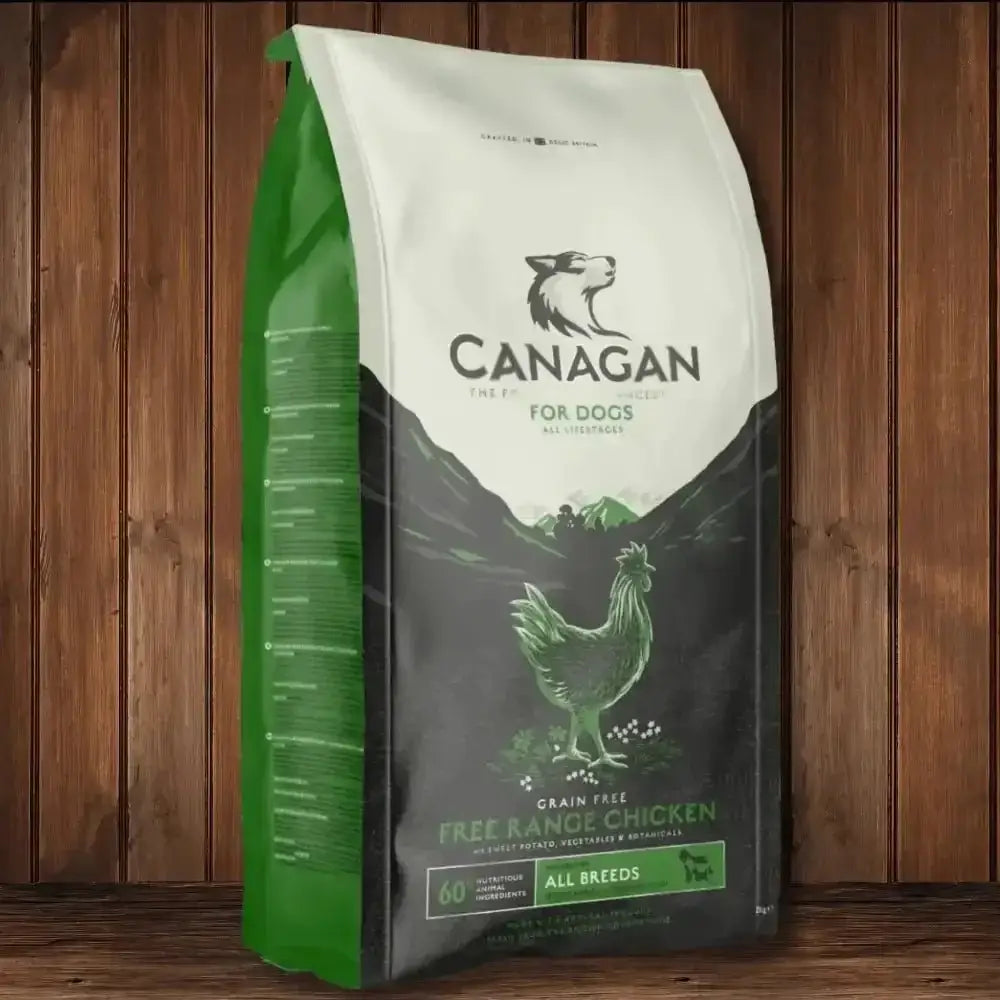 Canagan dry dog food bag with free-range chicken design on white and green packaging