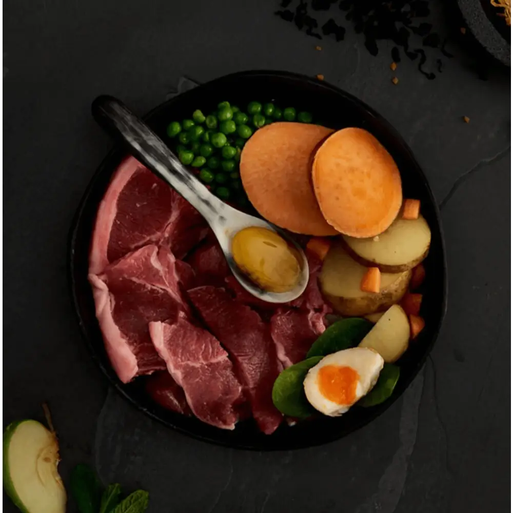 Black cast iron skillet with raw meat, vegetables, and eggs for grass fed dog food