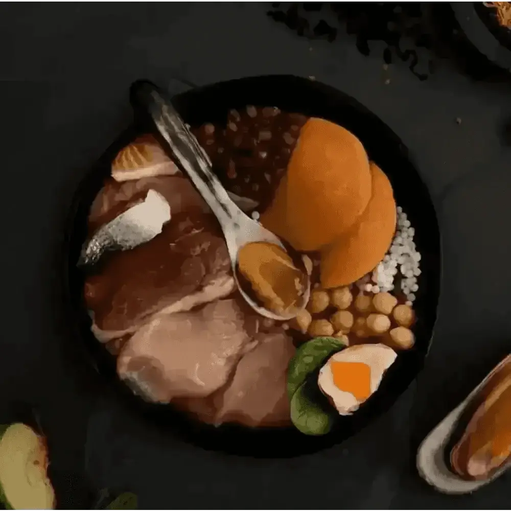 Canagan Highland Feast black bowl with assorted foods and utensils