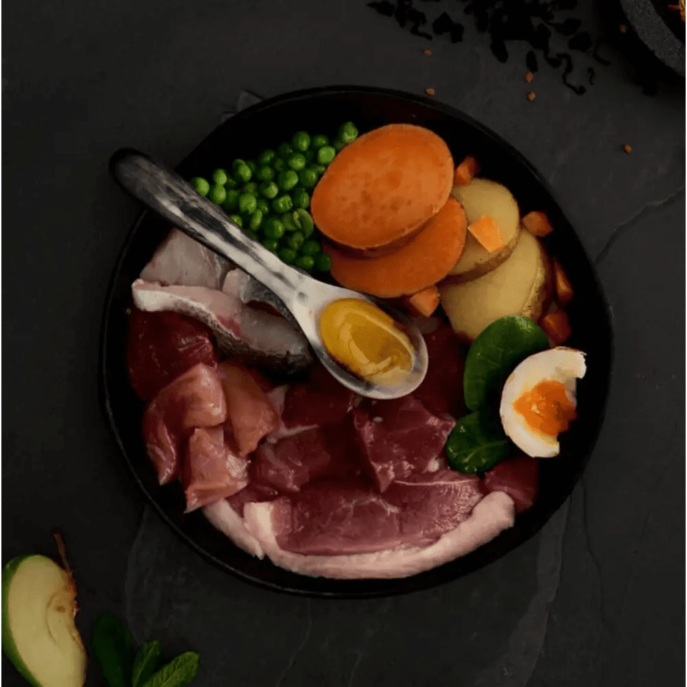 Canagan small breed country game dog food in black ceramic bowl with meats, vegetables, eggs