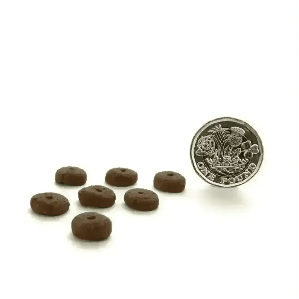 Chocolate donut-shaped dog treats with a hole, part of Canagan Dry Dog Food Small Breed Dental featuring Proden PlaqueOff® for oral health