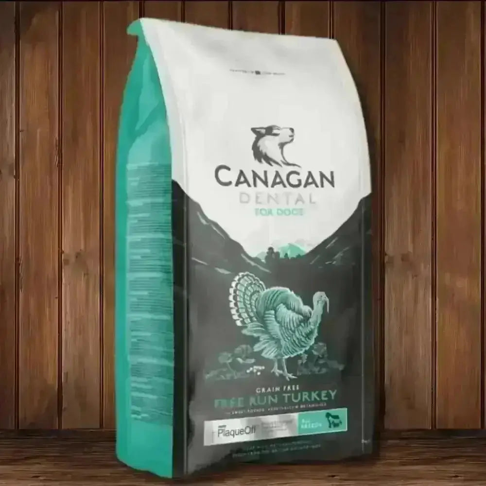 Canagan Dental Dog Food Bag with Turkey Design and Mountain Landscape in Teal
