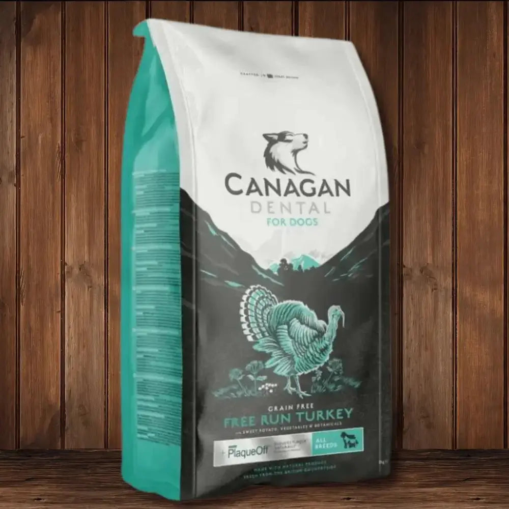 Canagan Dental Dog Food Bag with Turkey Design and Mountain Landscape in Teal