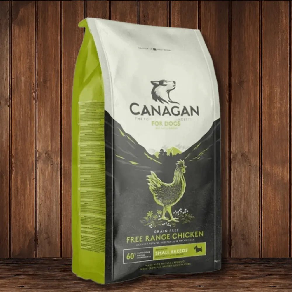 Canagan small breed dog food bag with free-range chicken and green and white design