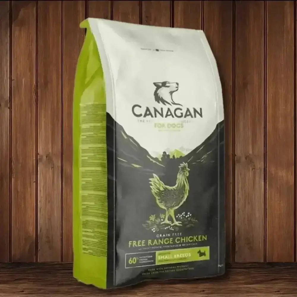 Canagan small breed dog food bag with free-range chicken and green and white design