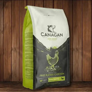 Canagan small breed dog food bag with free-range chicken and green and white design