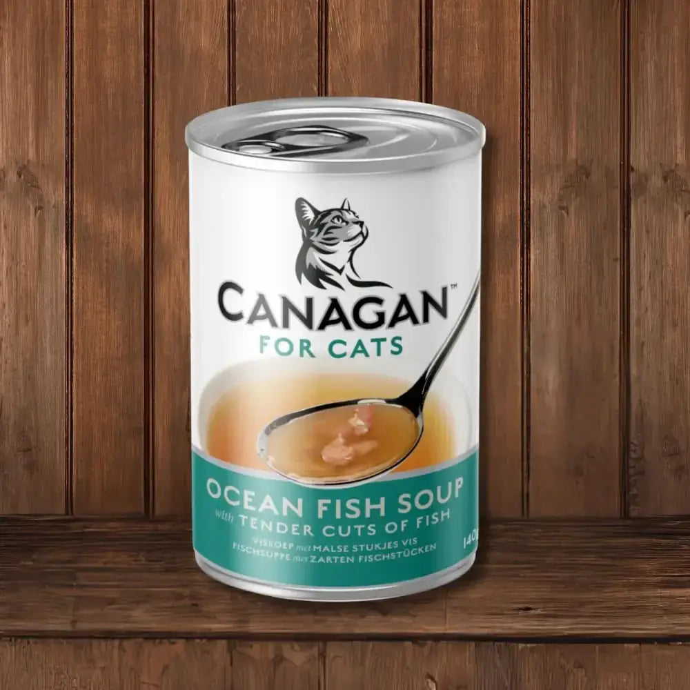 Canagan Ocean Fish Soup for Cats in white and silver can with cat logo