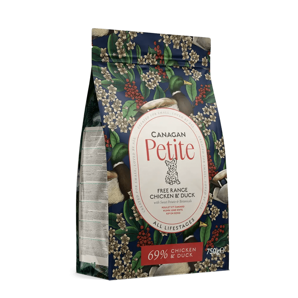 Canagan Petite Chicken grain free dry food bag with blue floral design