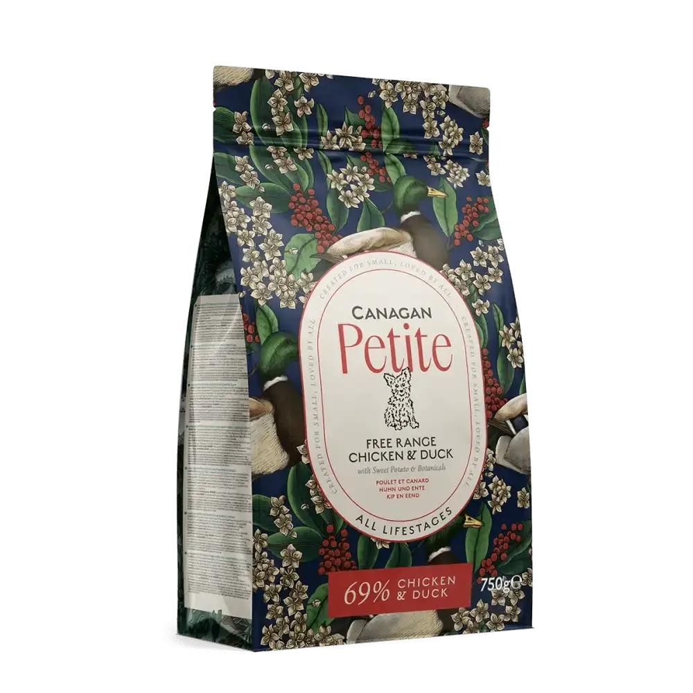 Canagan Petite Chicken grain free dry food bag with blue floral design