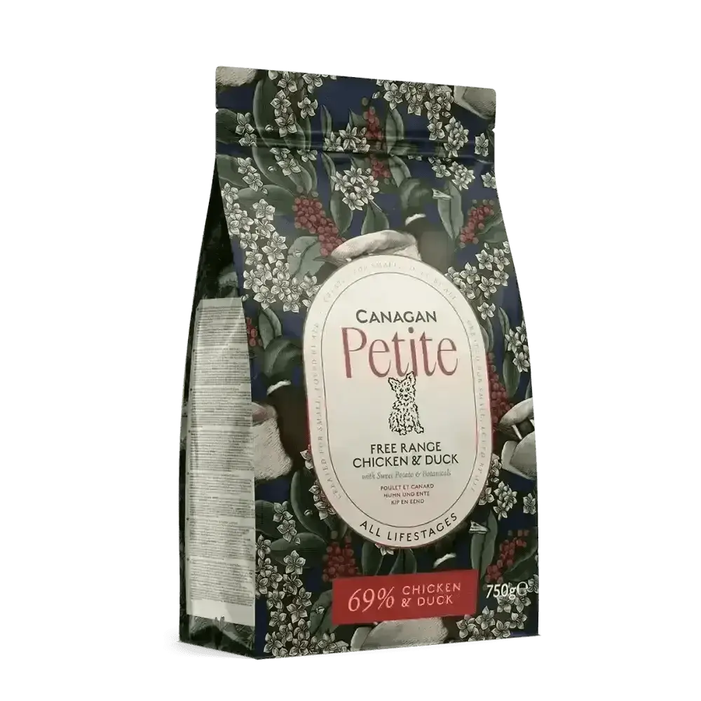 Canagan Petite Chicken grain free dry food bag with blue floral design