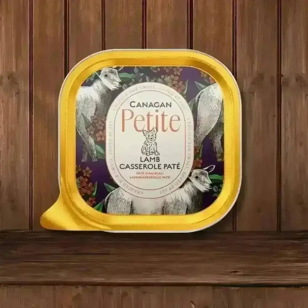 Canagan Petite Lamb Casserole Paté for Small Dogs in yellow and purple floral packaging