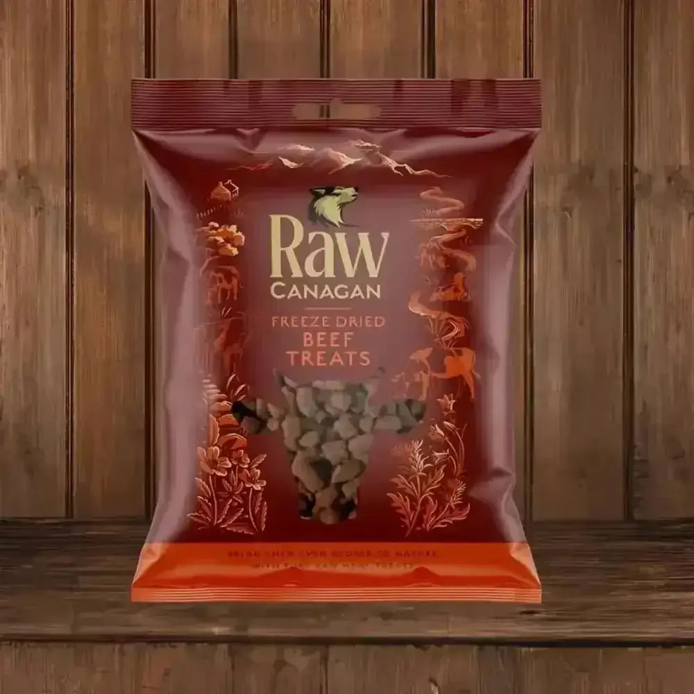 Canagan Raw Freeze Dried Beef Treats 20g Bag, Orange Brown Floral Design