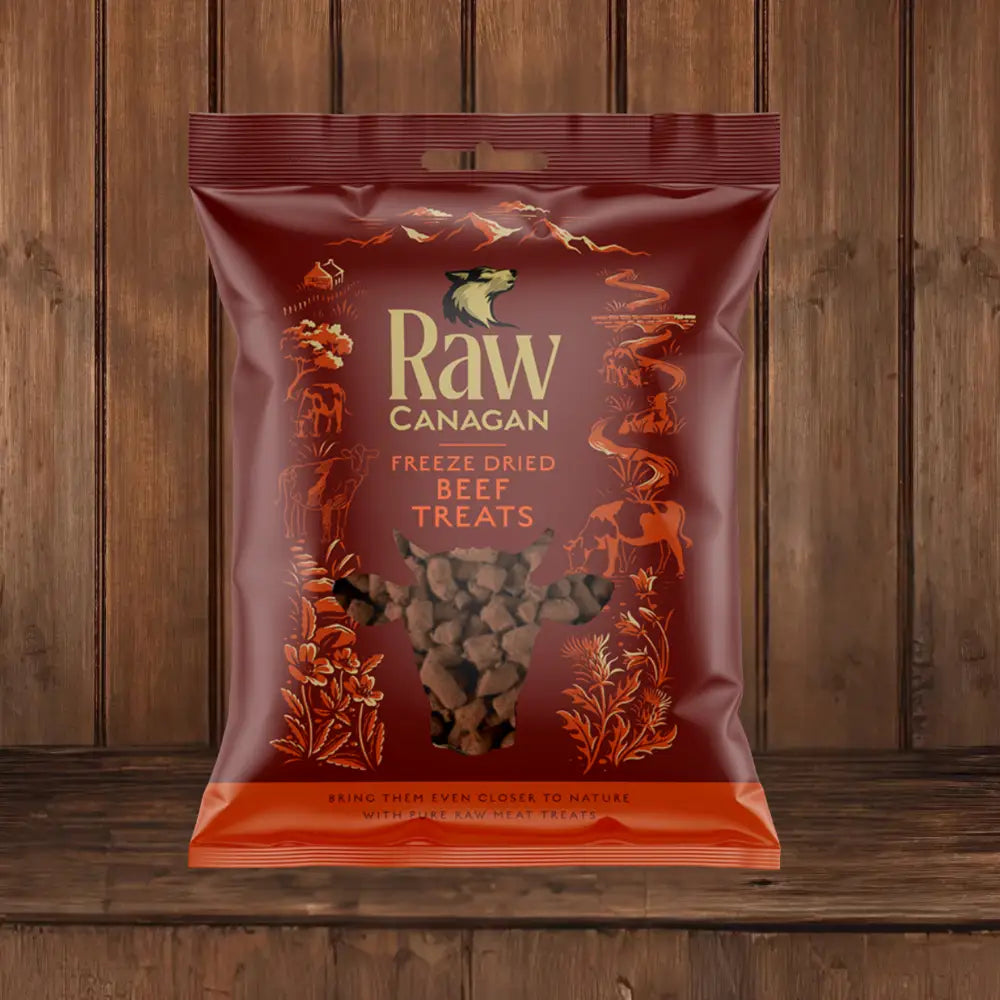 Canagan Raw Freeze Dried Treats - Beef 20g on a brown background