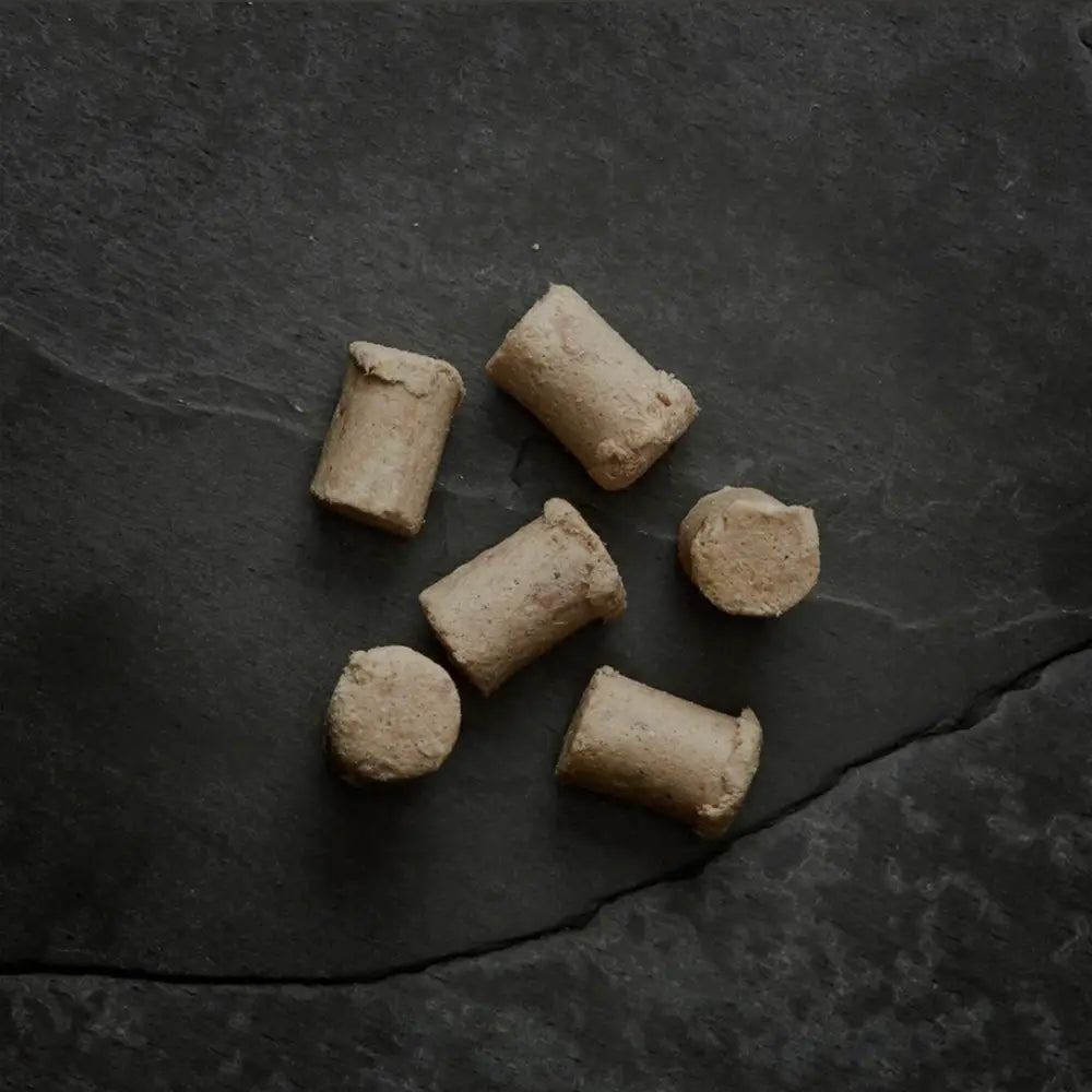 Canagan Freeze Dried Lamb Treats for Dogs pieces sit on a black background