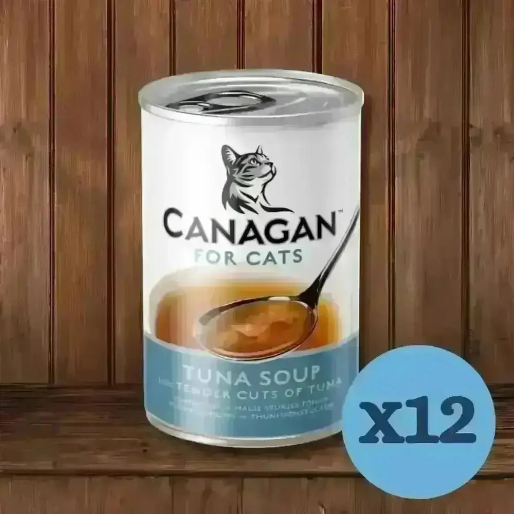 Canagan Tuna Soup for Kittens and Adults 12-pack with white and blue label and cat image