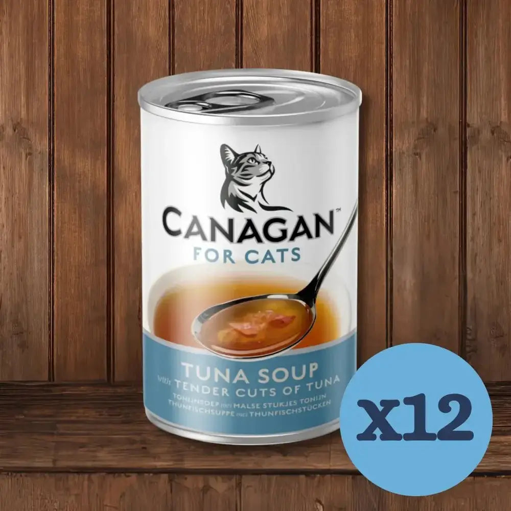 Canagan Tuna Soup for Kittens and Adults 12-pack with white and blue label and cat image