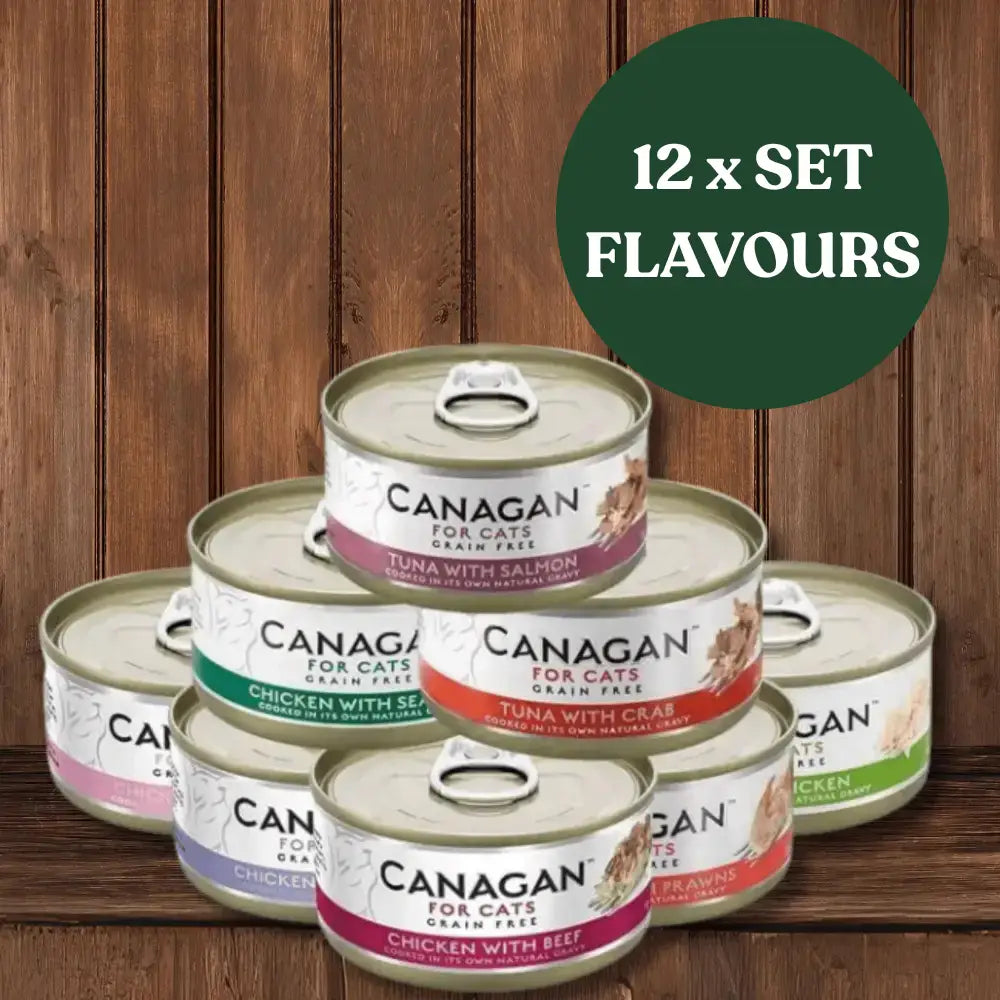 Set of 12 Canagan cat food tins on a wooden background with '12 x Set Flavours' text.