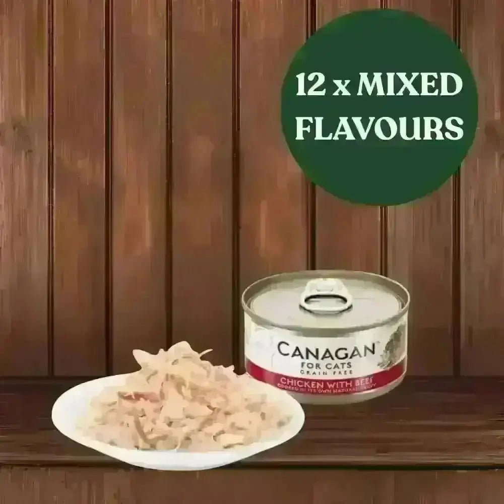 Can of Canacan cat food with a plate of cat food on a wooden background