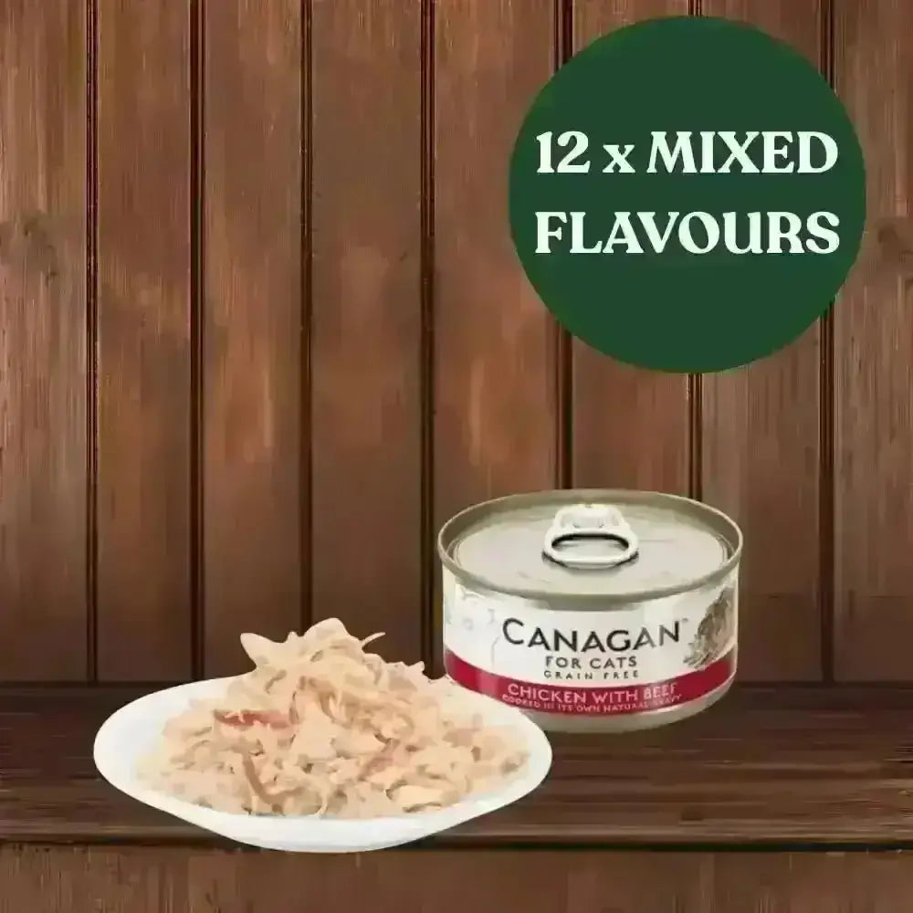 Can of Canacan cat food with a plate of cat food on a wooden background