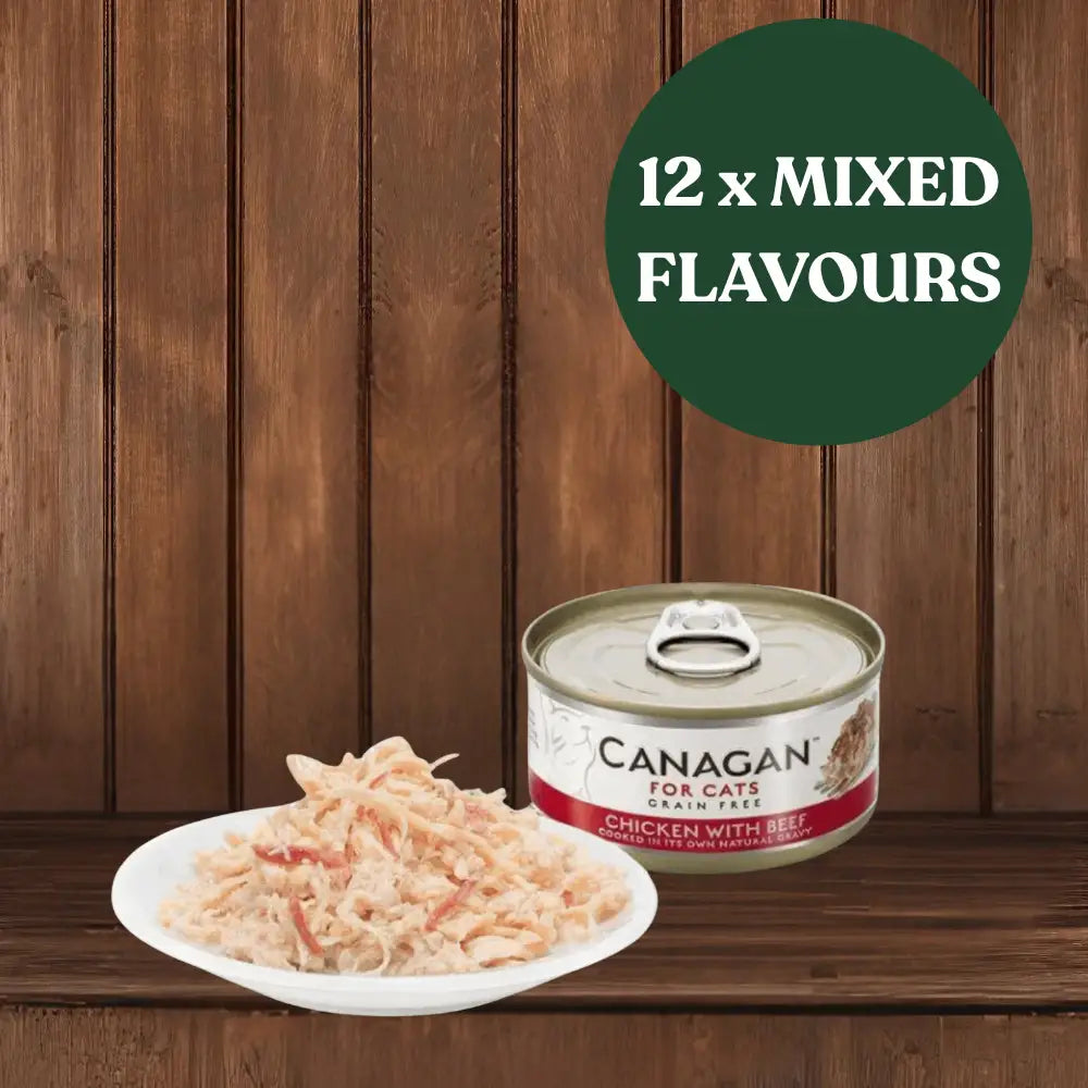 Can of Canacan cat food with a plate of cat food on a wooden background