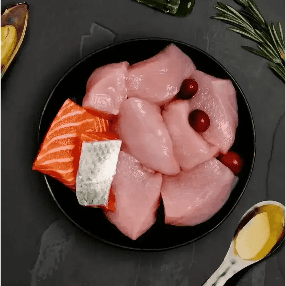 Canagan wet grain free chicken and salmon fillet with cranberries and rosemary on black plate