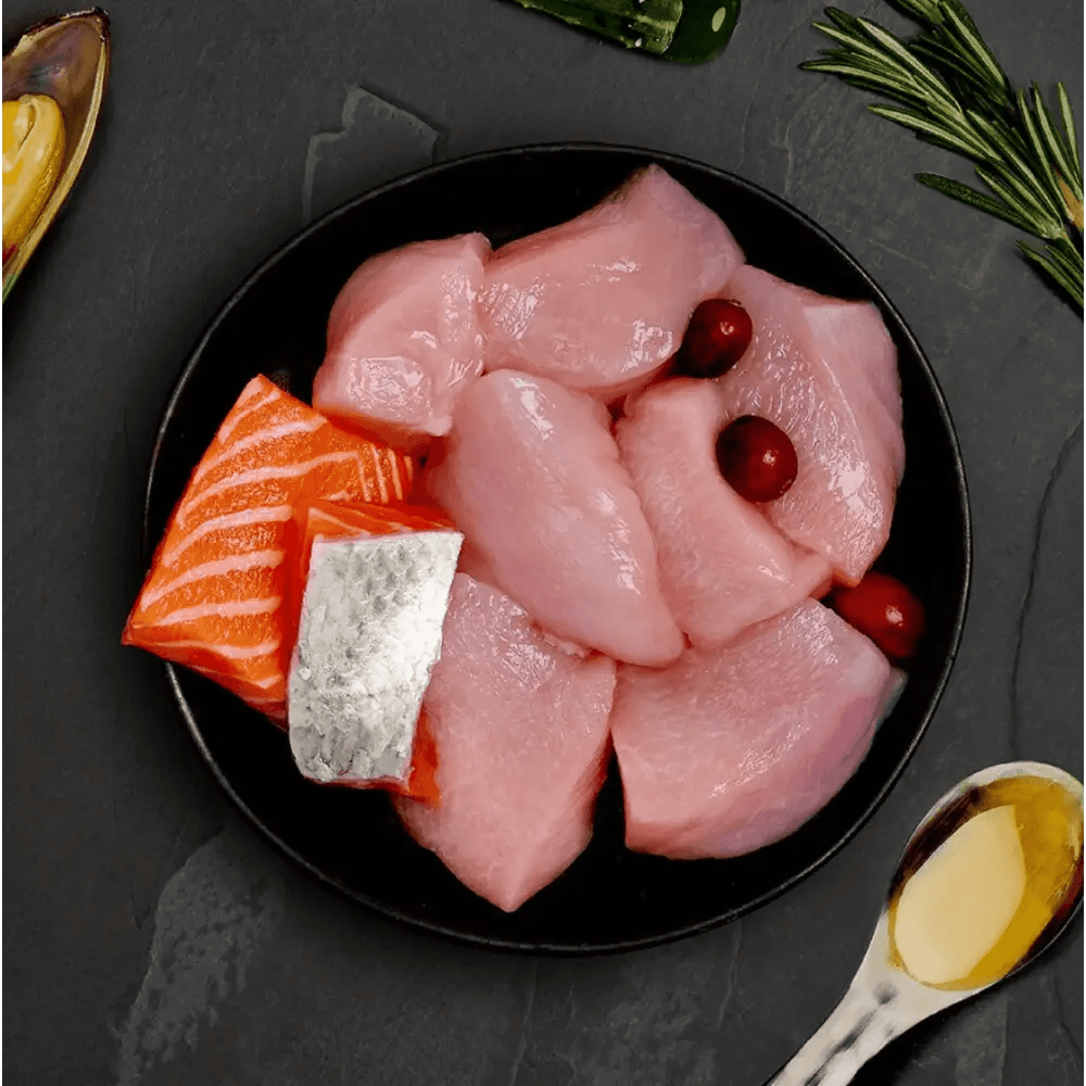 Canagan wet grain free chicken and salmon fillet with cranberries and rosemary on black plate