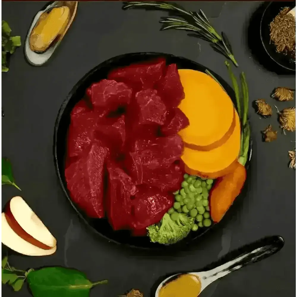 Black bowl with raw beef, vegetables, and spices for Canagan Wet Dog Food Beef Stew
