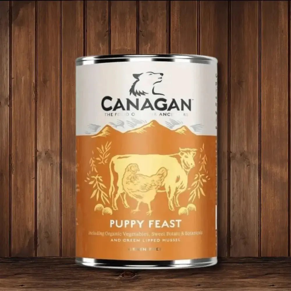 Canagan Puppy Feast grain-free wet dog food can with organic vegetables