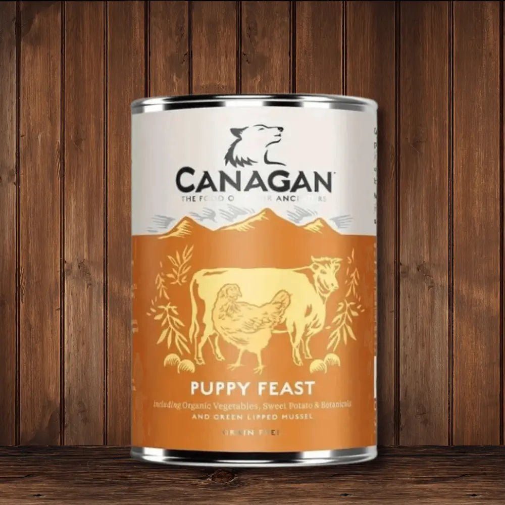 Canagan Puppy Feast grain-free wet dog food can with organic vegetables