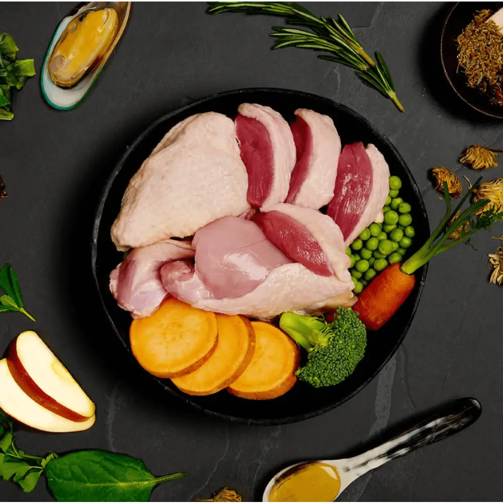 Black plate with raw chicken vegetables and spices for Canagan Wet Dog Food Duck Dinner