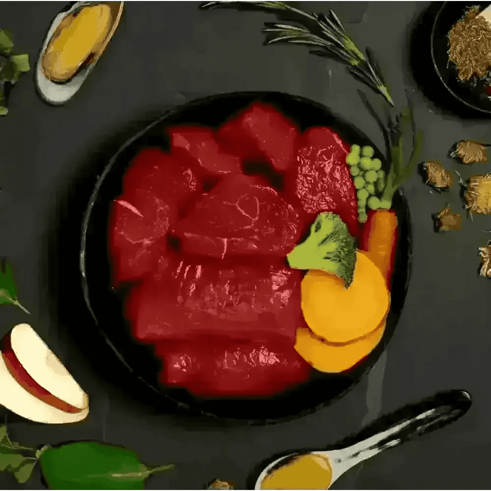 Canagan Venison and Wild Boar Stew wet dog food with raw beef slices, vegetables, herbs in black bowl