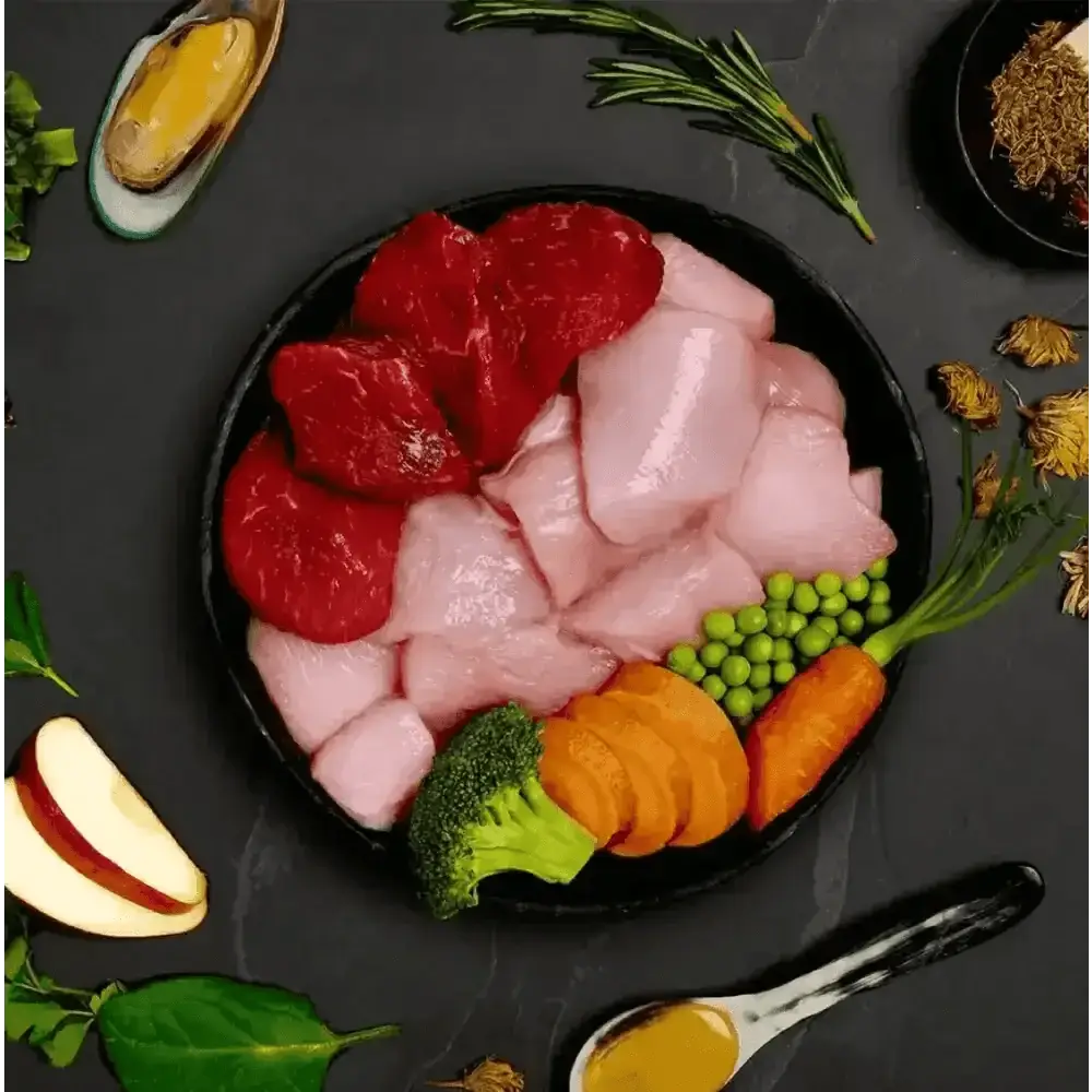 Canagan Chicken & Wild Boar Casserole with raw meats and veggies