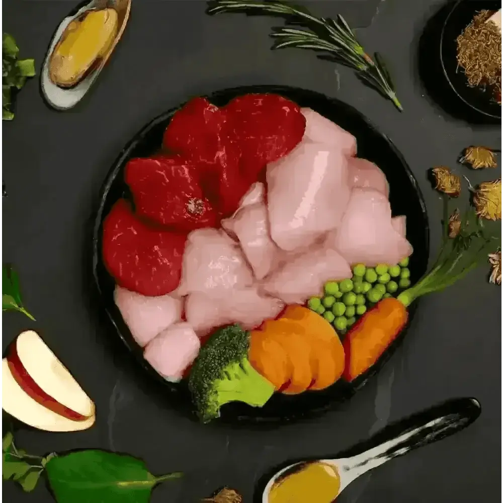 Canagan Chicken & Wild Boar Casserole with raw meats and veggies
