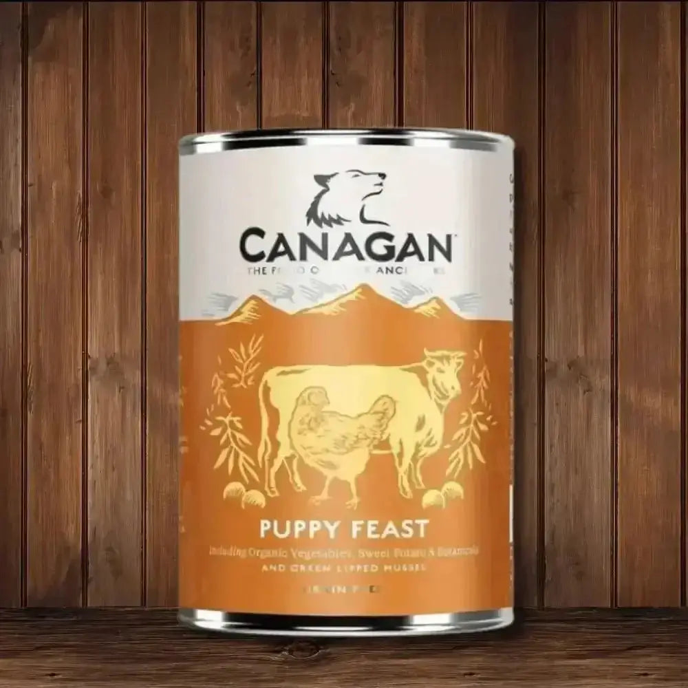 Canagan Puppy Feast grain-free wet dog food can with organic vegetables