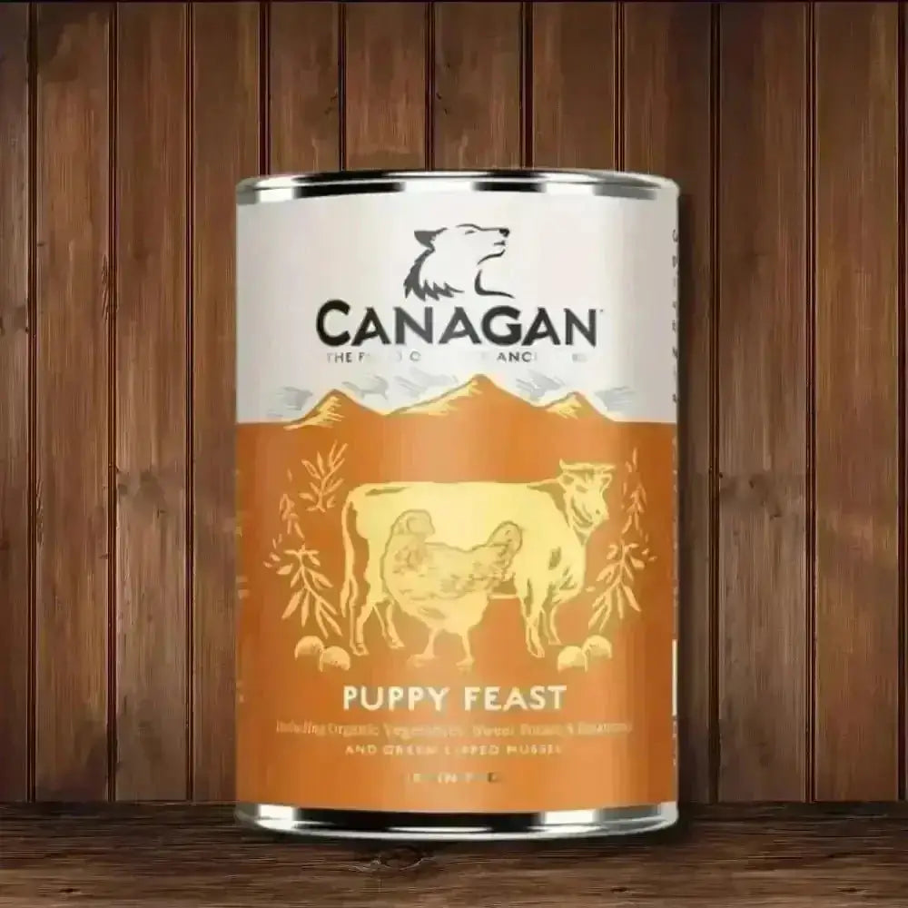 Canagan Puppy Feast grain-free wet dog food can with organic vegetables