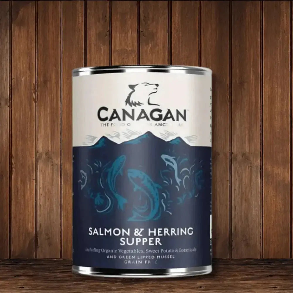 Canagan wet dog food can with freshly prepared salmon and herring supper