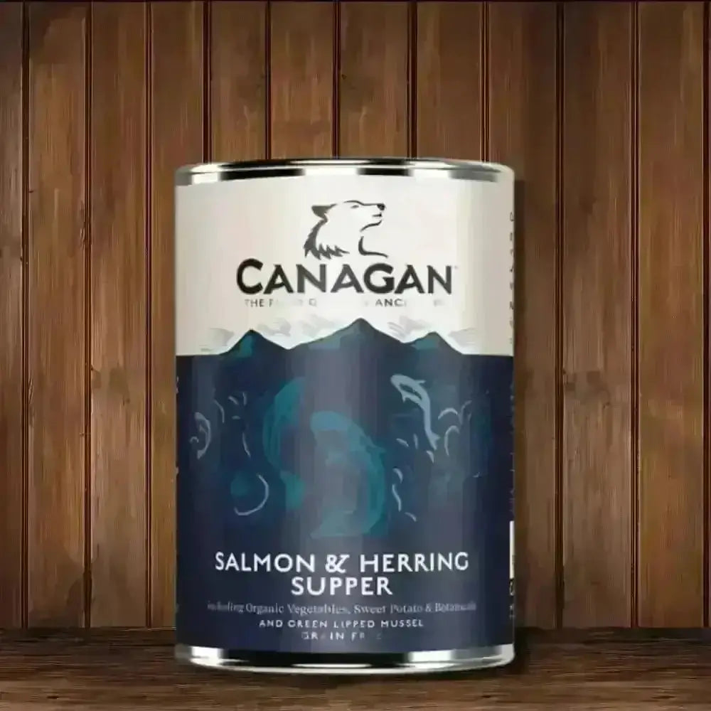 Canagan wet dog food can with freshly prepared salmon and herring supper