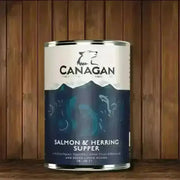 Canagan wet dog food can with freshly prepared salmon and herring supper