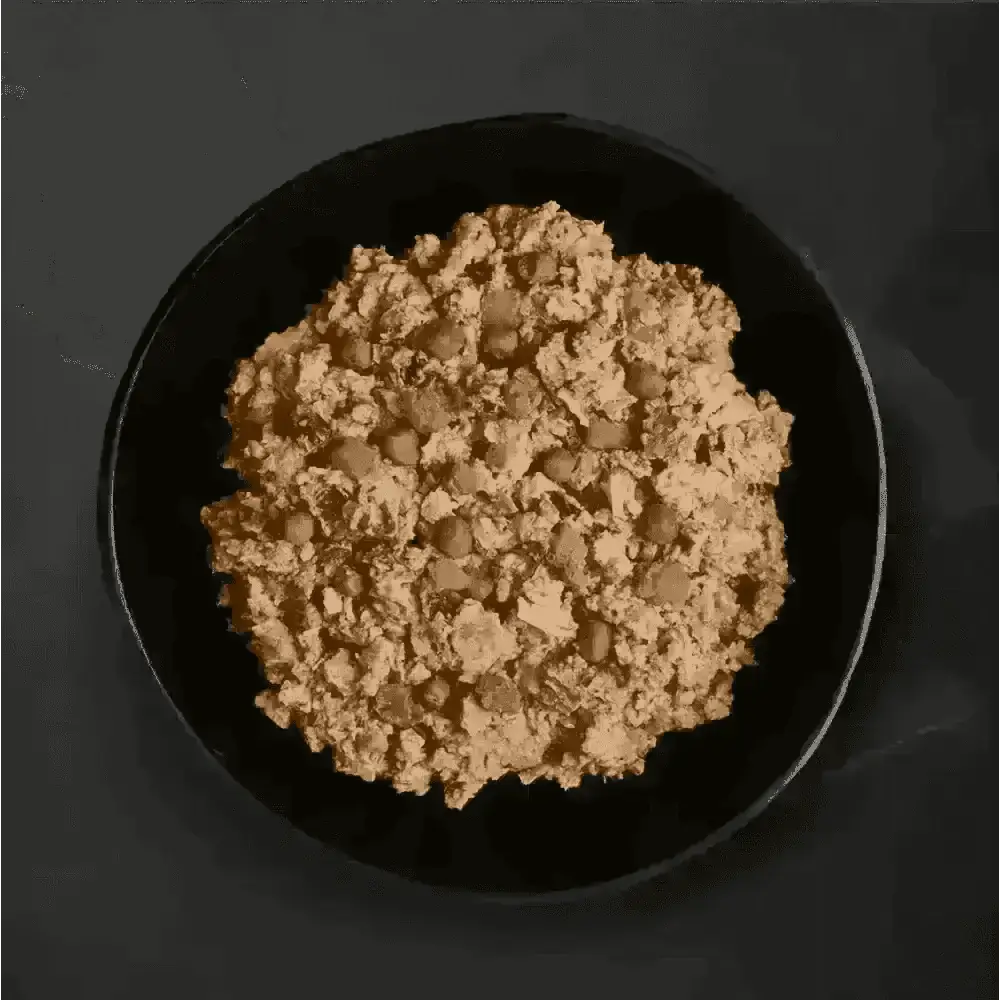 Canagan wet dog food in black bowl: freshly prepared salmon and herring supper