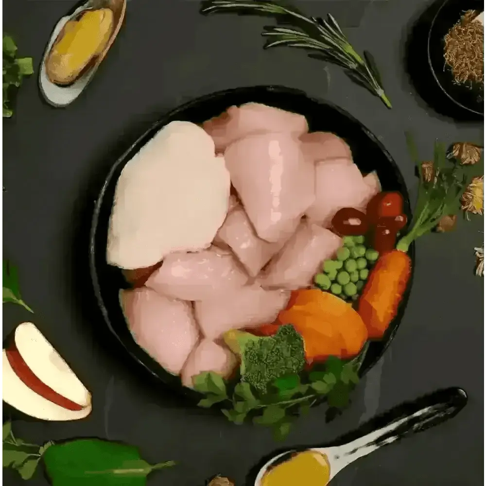 Raw chicken breast medallions with vegetables in black bowl for Canagan Wet Dog Food Senior Feast