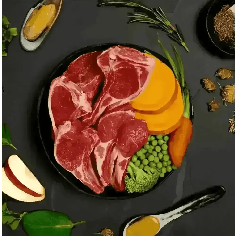 Image of grain free wet dog food with raw meat, vegetables, and herbs for Shepherds Pie