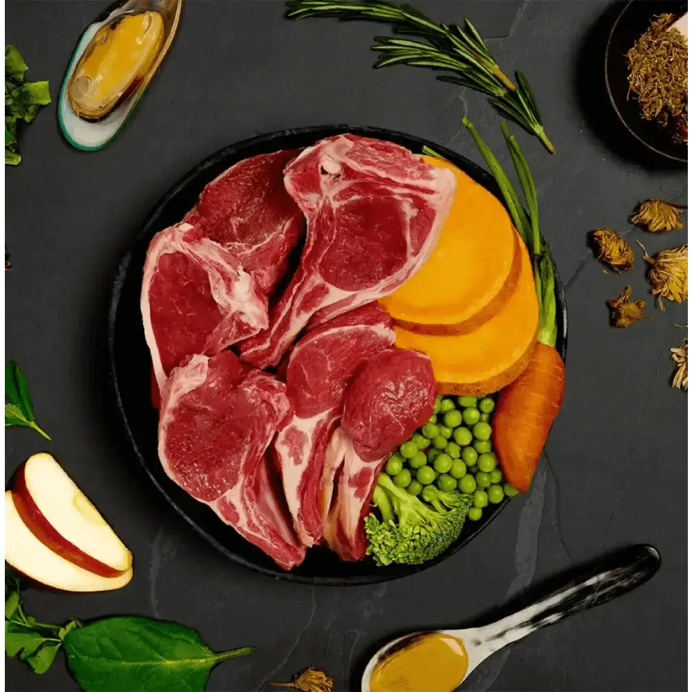 Image of grain free wet dog food with raw meat, vegetables, and herbs for Shepherds Pie