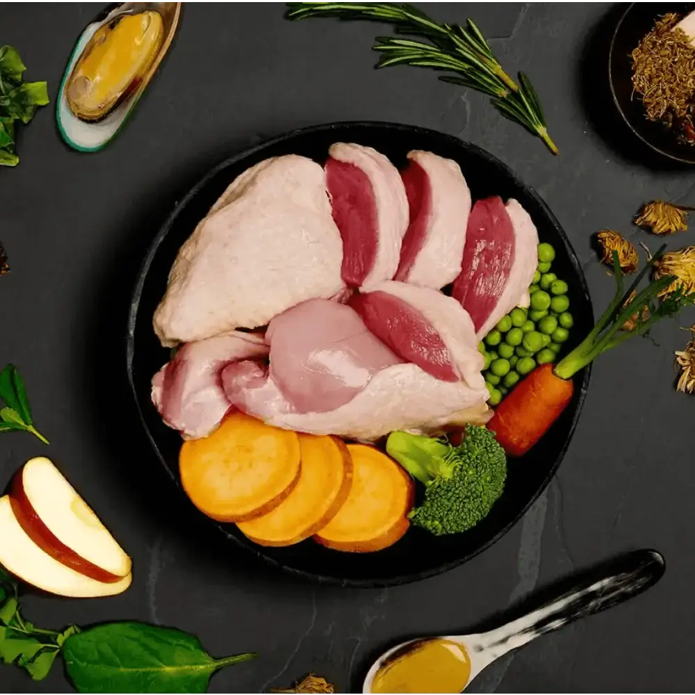 Black plate with raw chicken vegetables and spices for Canagan Wet Dog Food Duck Dinner