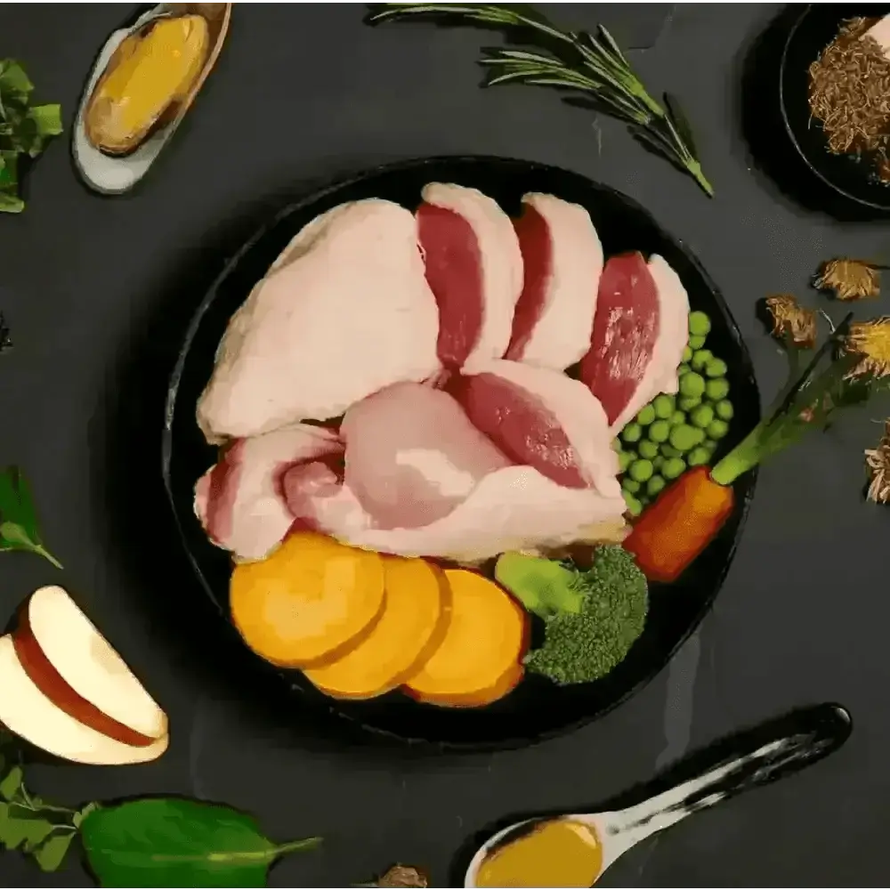 Black plate with raw chicken vegetables and spices for Canagan Wet Dog Food Duck Dinner