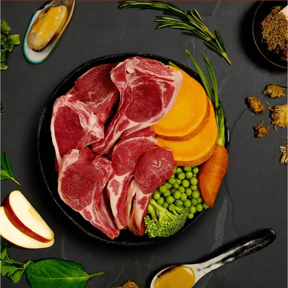 Black plate with freshly prepared deboned meat and vegetables for Canagan Wet Dog Food