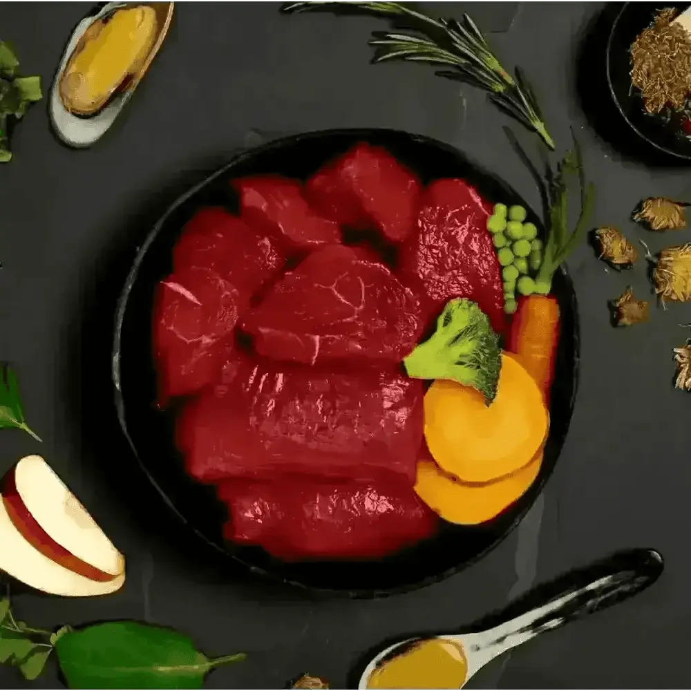 Black bowl with freshly prepared deboned beef slices, vegetables, and herbs for Canagan Wet Dog Food