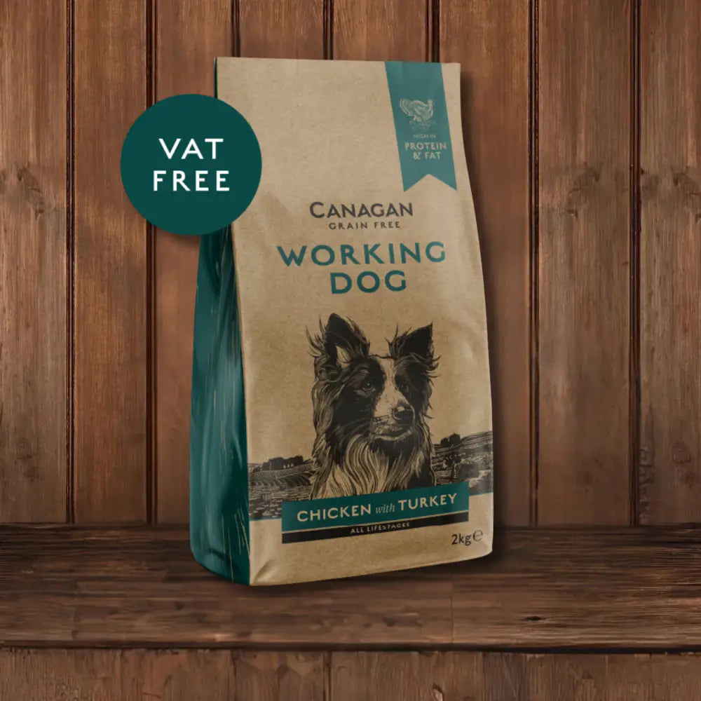 Canagan Working Dog Food Chicken with Turkey sits on a brown background